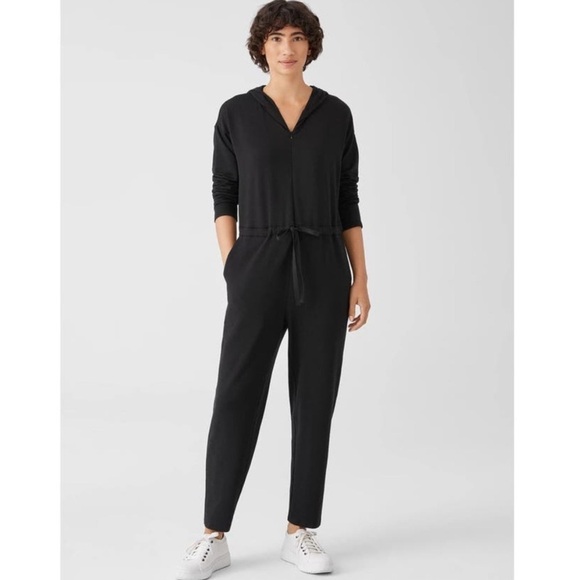 Eileen Fisher Cozy Brushed Terry Hooded Jumpsuit Black - Picture 2 of 14